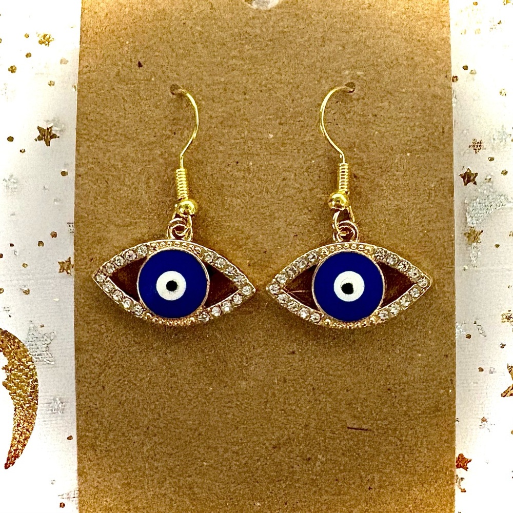 Mystic Blue and Gold CZ/Enamel Evil Eye Gold Earrings
